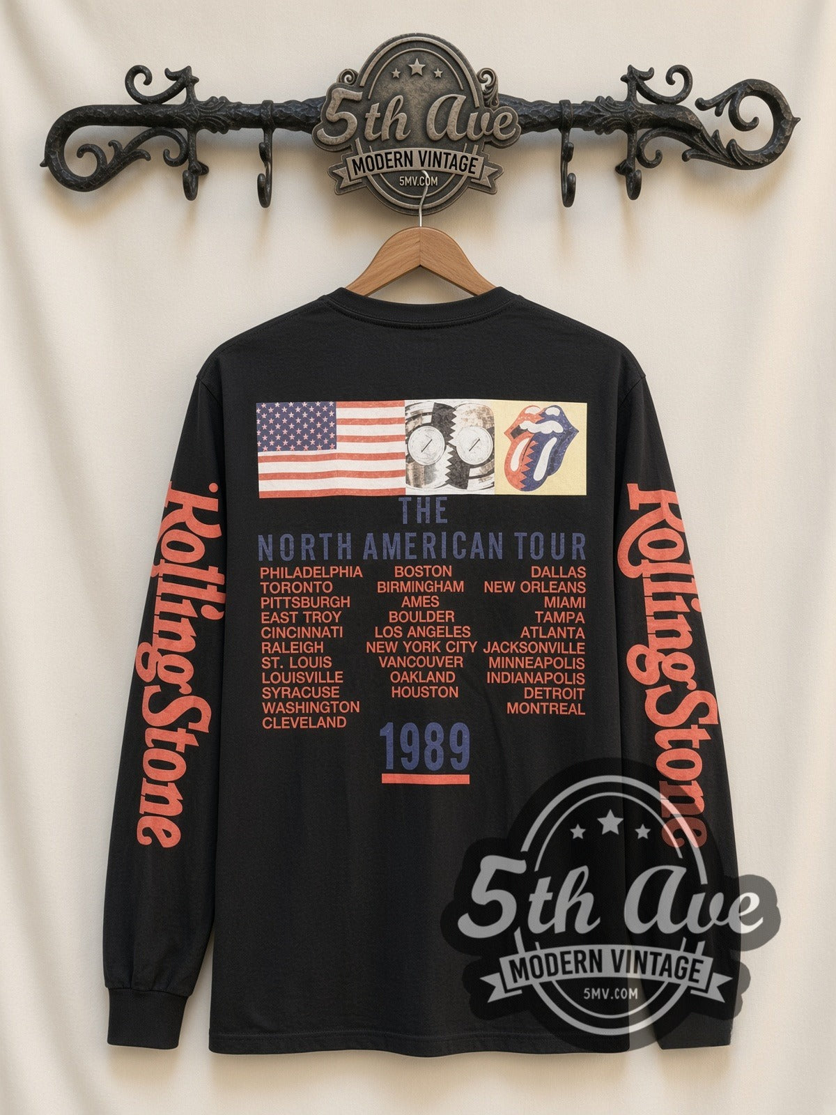 The Rolling Stones Tongue Logo vintage band long sleeve t-shirt, back view on a display rack