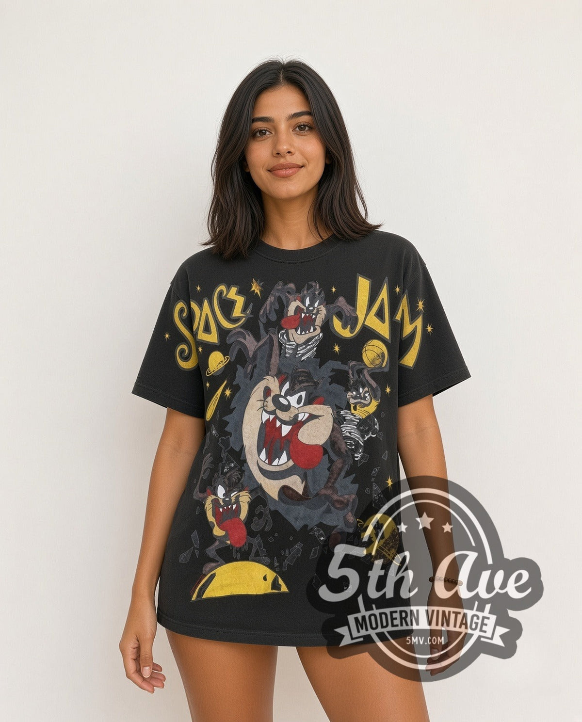Model wearing the Space Jam Taz Center Court all-over-print vintage cartoon t-shirt in black