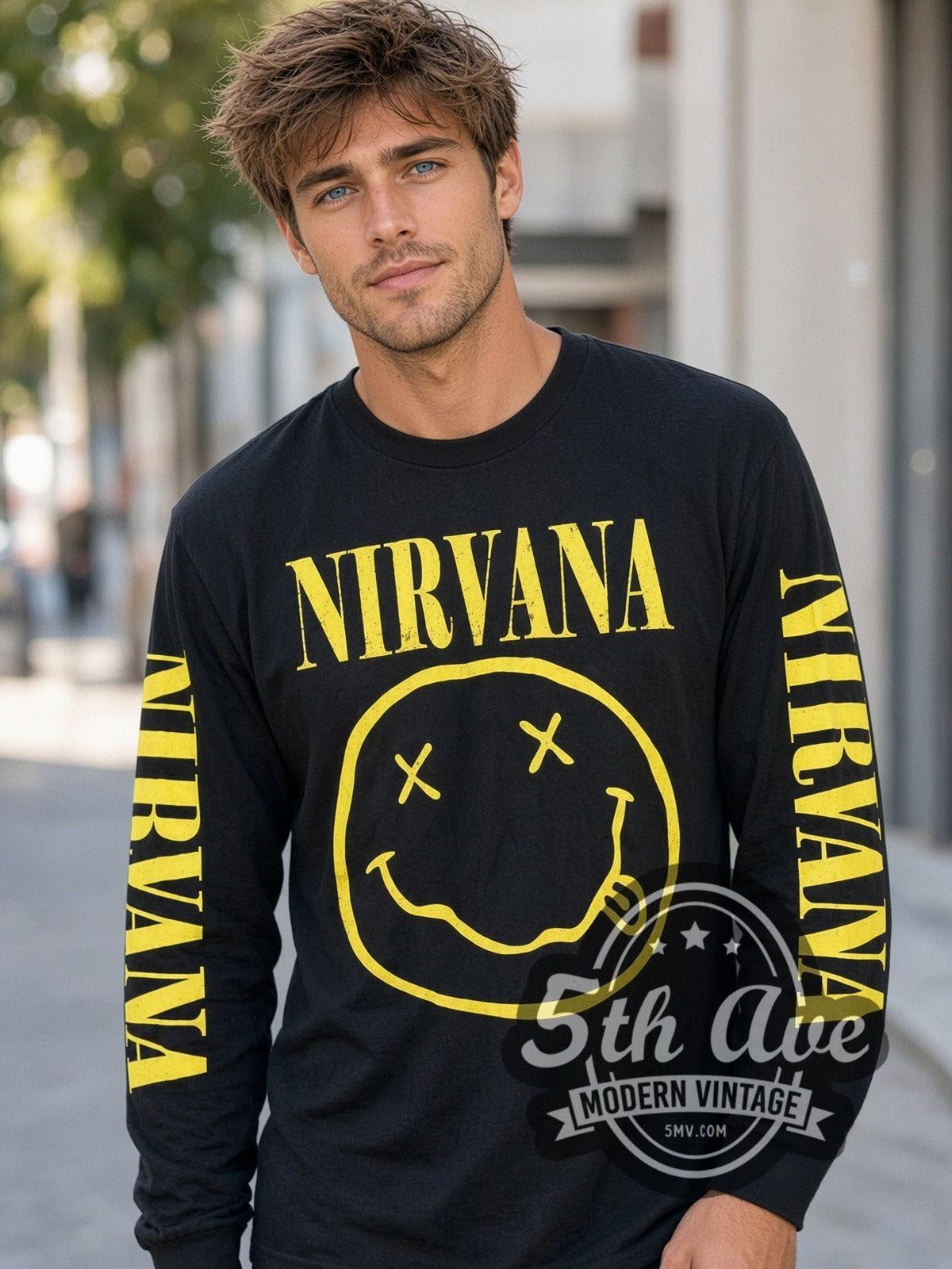 Model wearing the Nirvana Smiley Face vintage band long sleeve t-shirt
