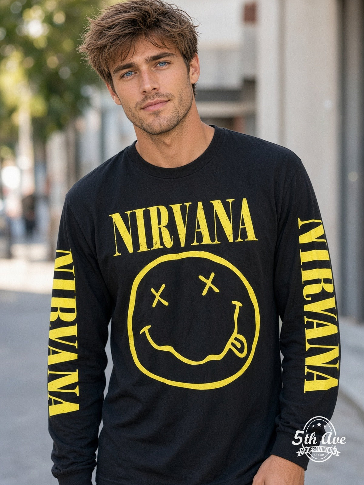 ETS LS 27 Nirvana Smiley Face long sleeve vintage tee worn by a model