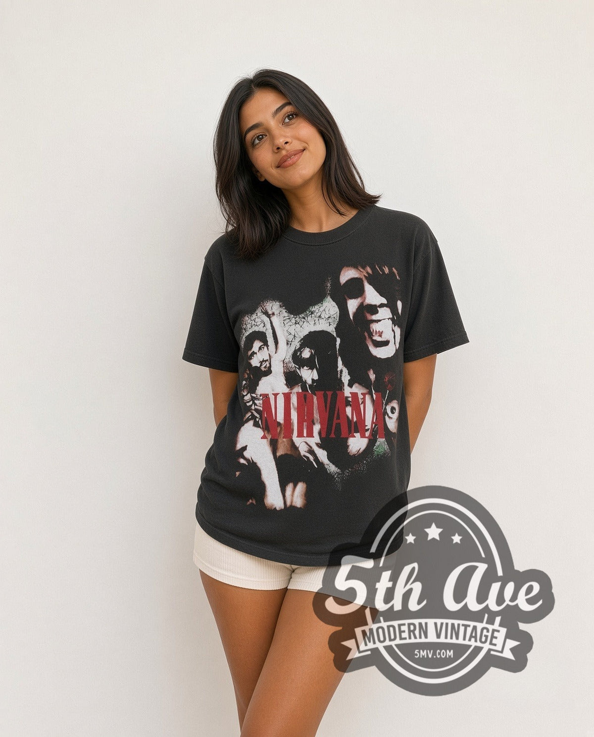 Model wearing the Nirvana Red Logo Band vintage band t-shirt in black