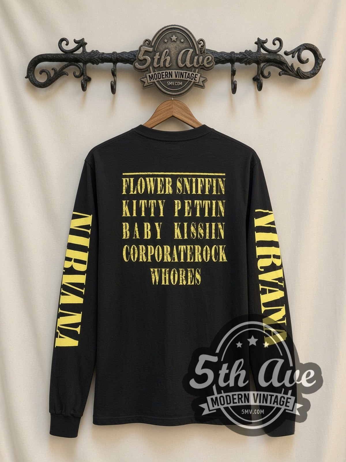 Nirvana Smiley Face vintage band long sleeve t-shirt, back view on a display rack