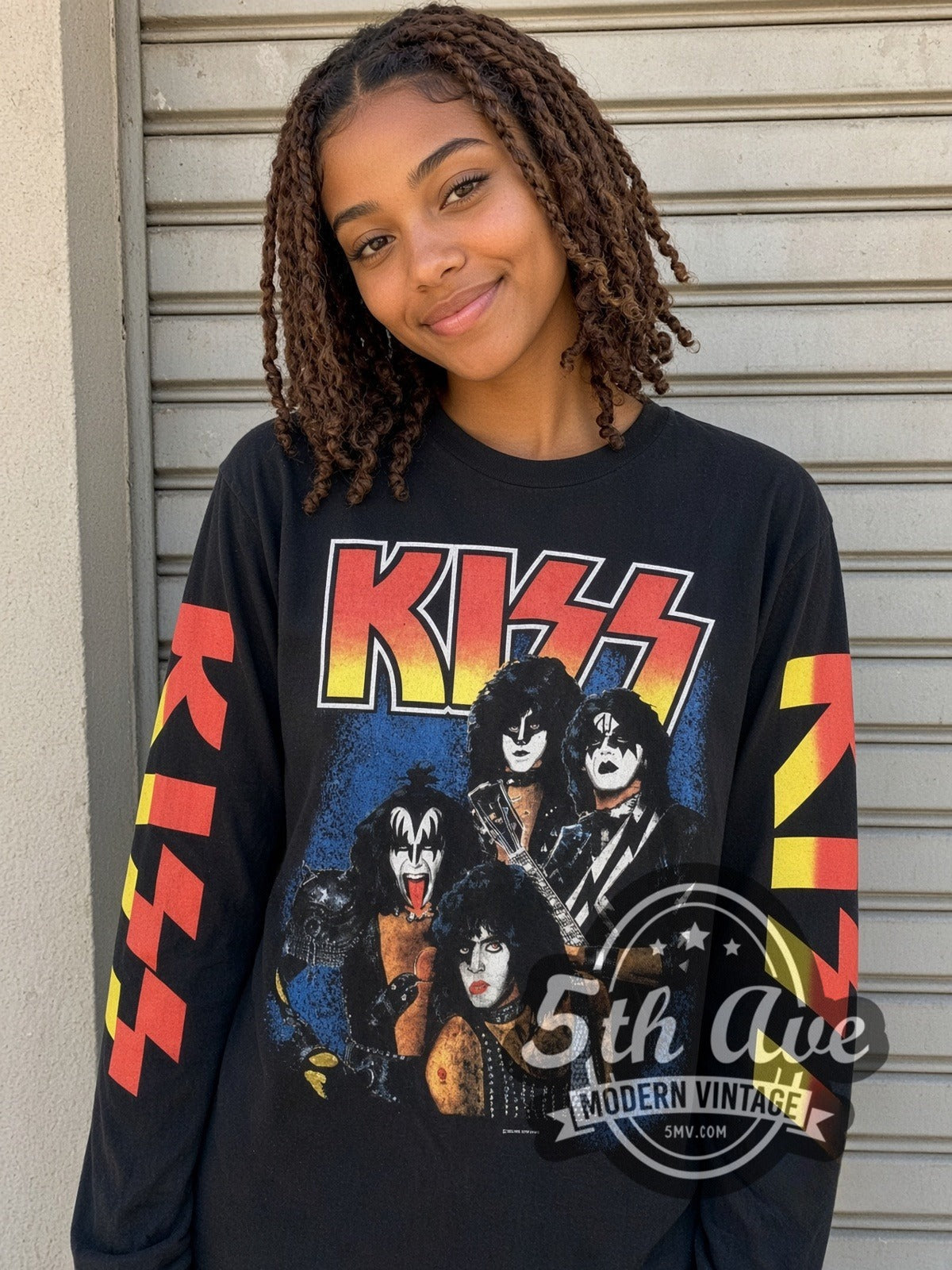 Model wearing the KISS Band Photo vintage band long sleeve t-shirt
