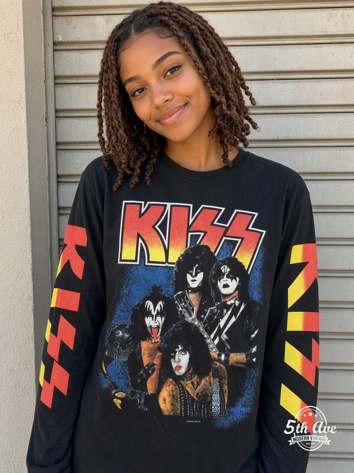 ETS LS 28 KISS Band Photo long sleeve vintage tee worn by a model