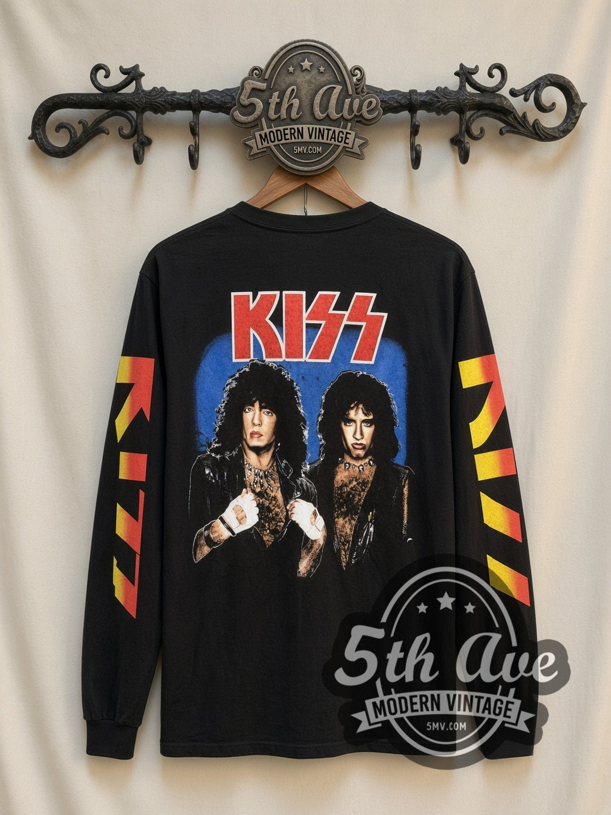 KISS Band Photo vintage band long sleeve t-shirt, back view on a display rack
