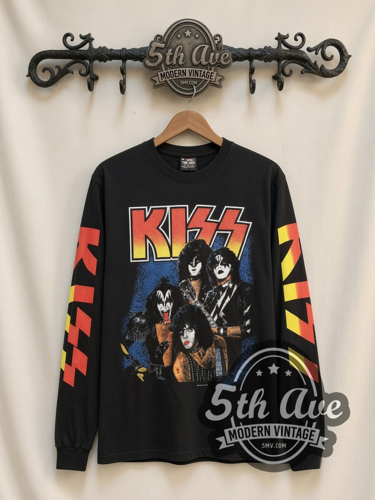 KISS Band Photo vintage band long sleeve t-shirt, front view on a display rack