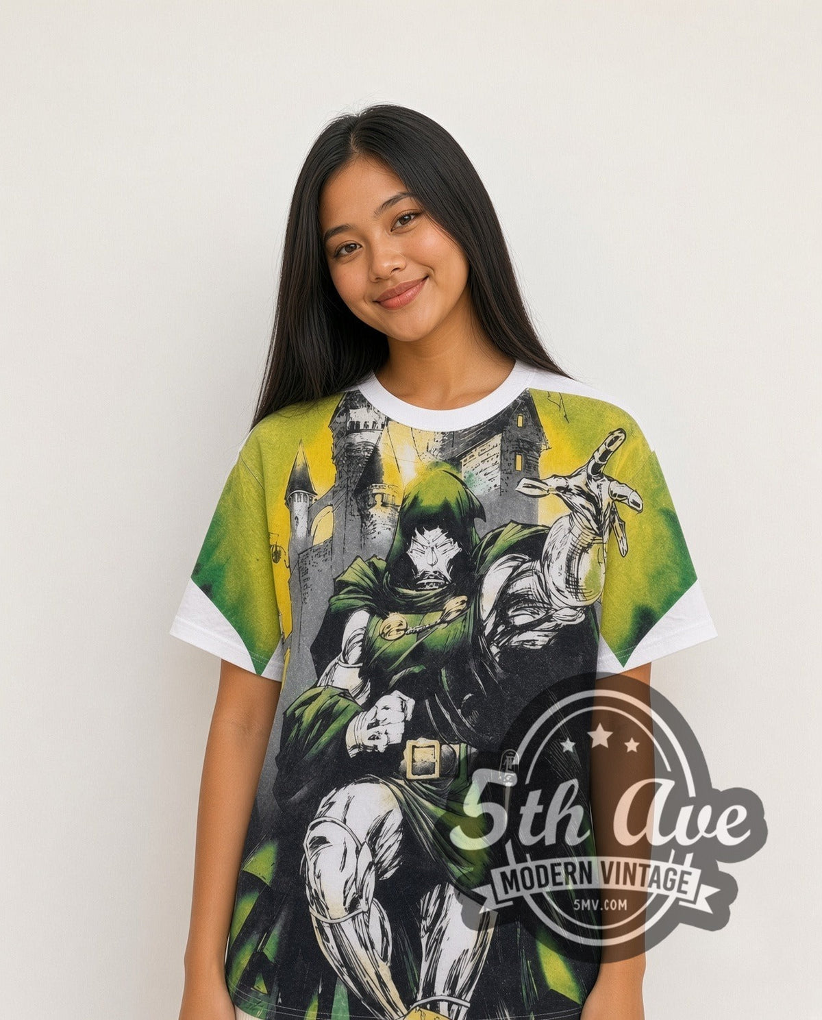 Model wearing the Marvel Dr. Doom Castle Energy all-over-print vintage cartoon t-shirt in white