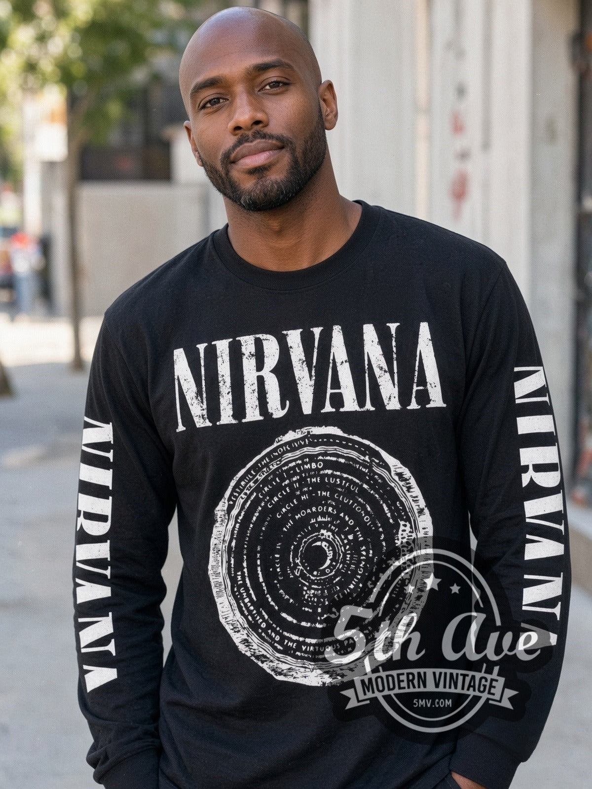 Model wearing the Nirvana Vestibule Circle vintage band long sleeve t-shirt