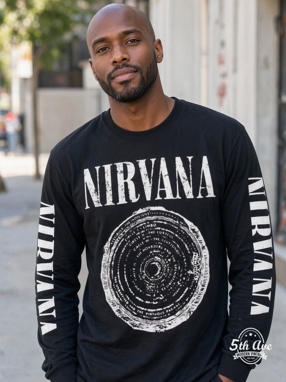 ETS LS 29 Nirvana Vestibule Circle long sleeve vintage tee worn by a model