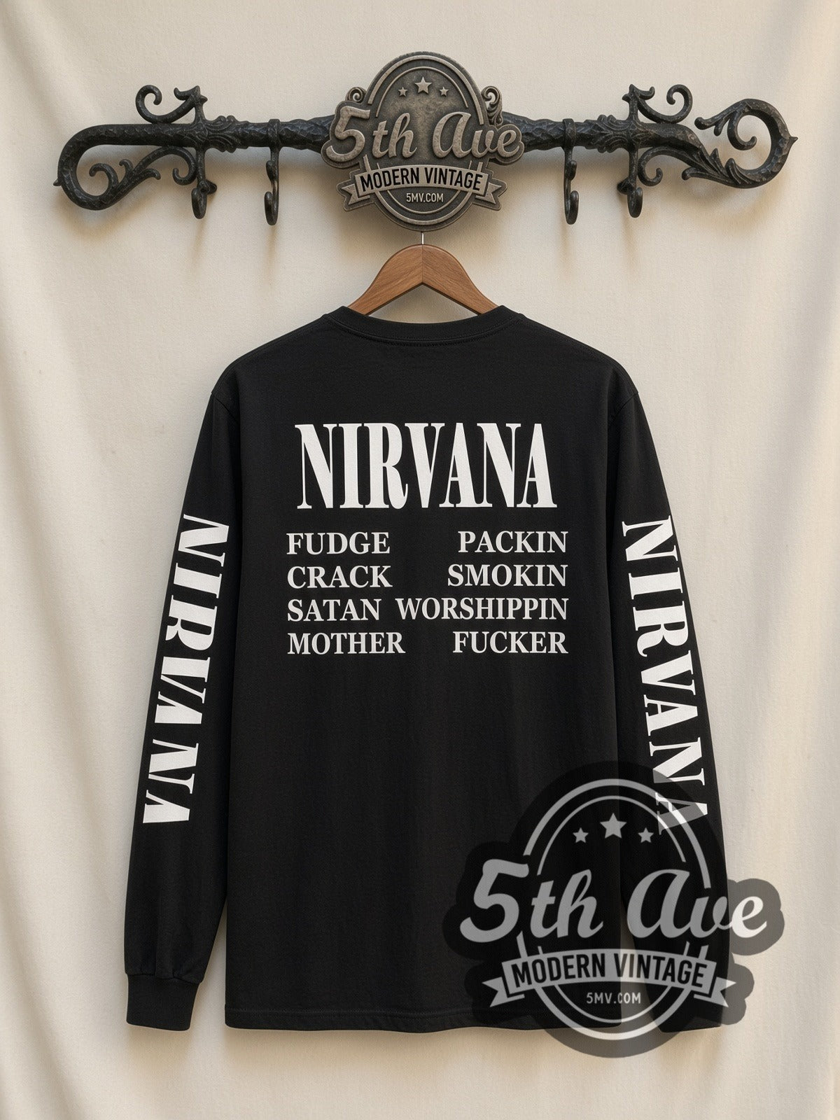 Nirvana Vestibule Circle vintage band long sleeve t-shirt, back view on a display rack