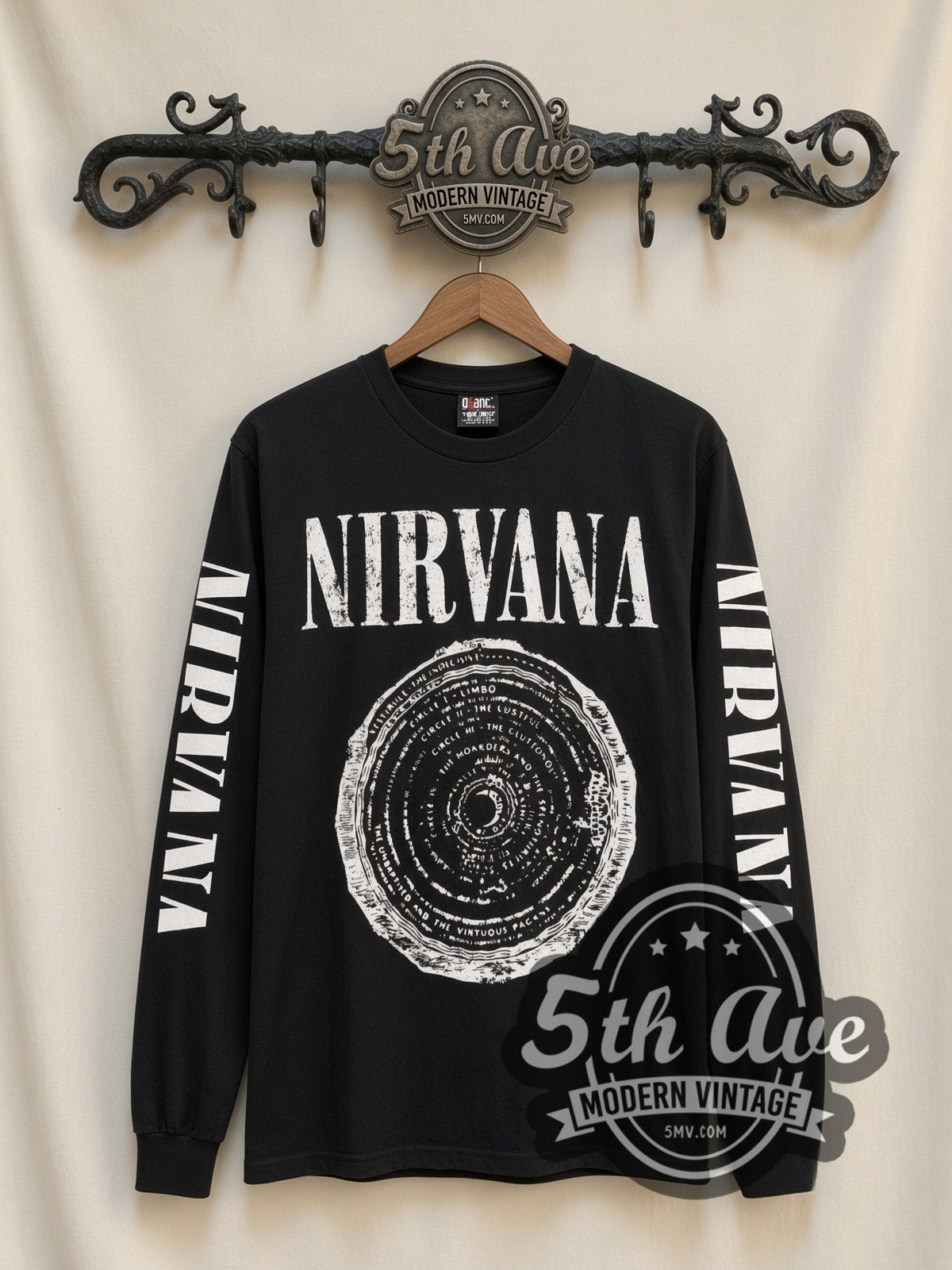 Nirvana Vestibule Circle vintage band long sleeve t-shirt, front view on a display rack