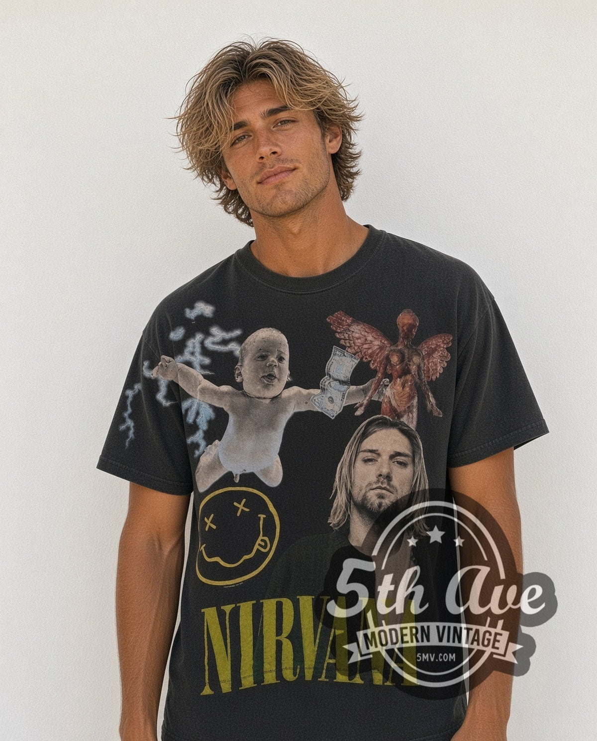 Model wearing the Nirvana In Utero Angel Smiley all-over-print vintage band t-shirt in black