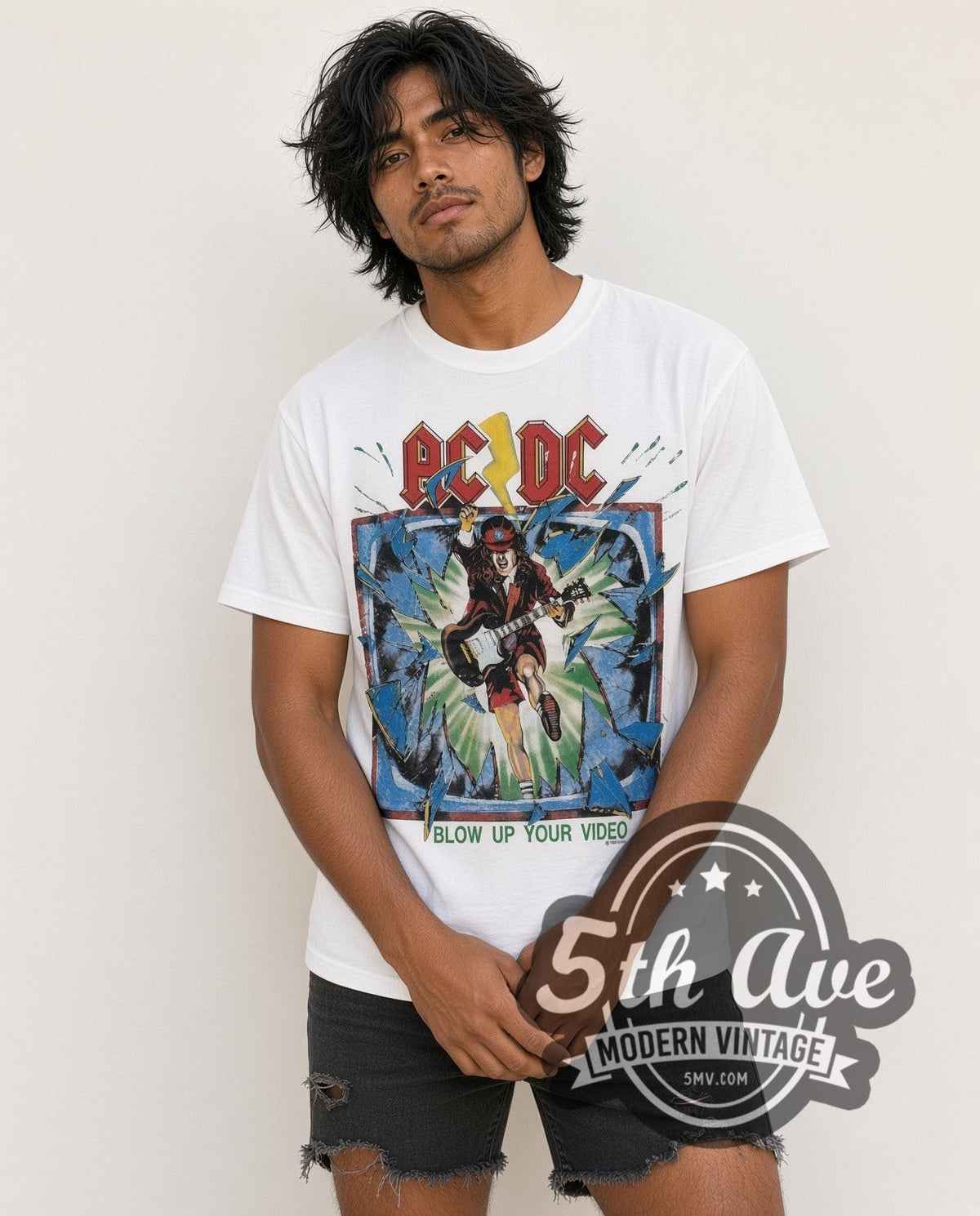 Model wearing the AC/DC Blow Up Your Video vintage band t-shirt in white