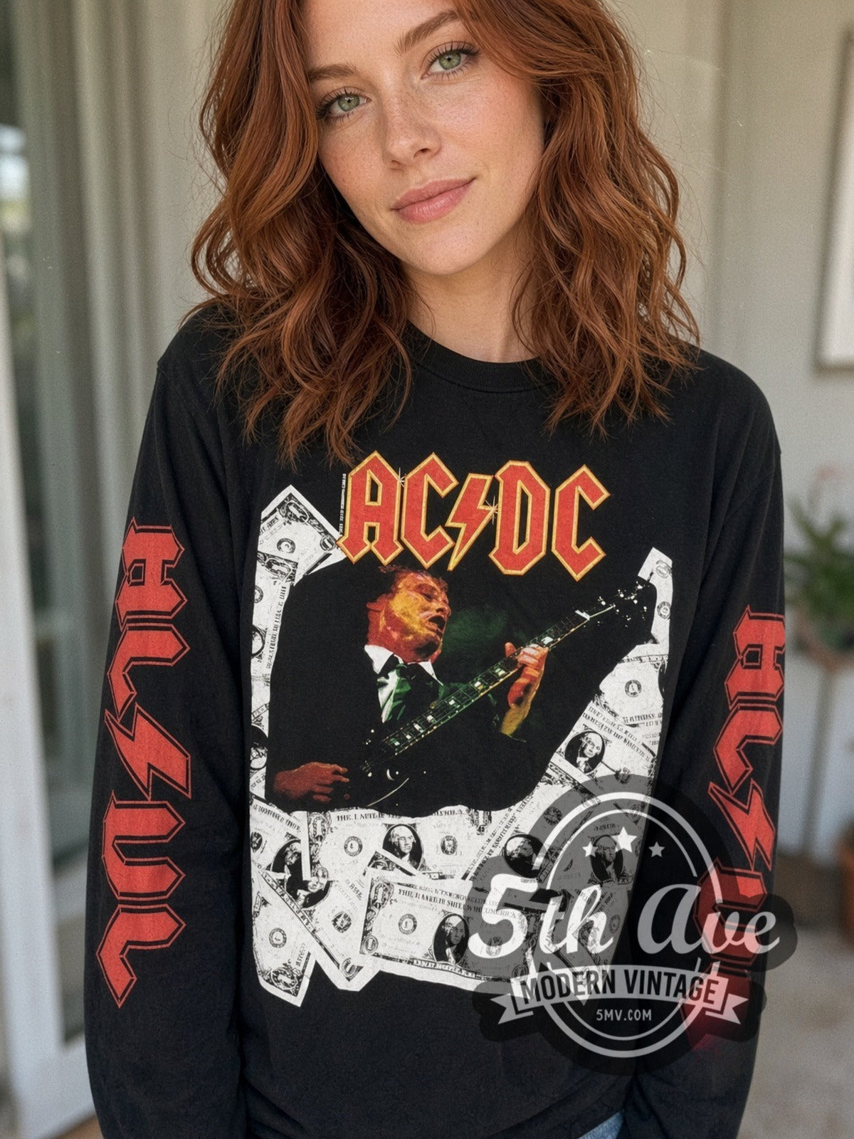 Model wearing the AC/DC Angus Money vintage band long sleeve t-shirt