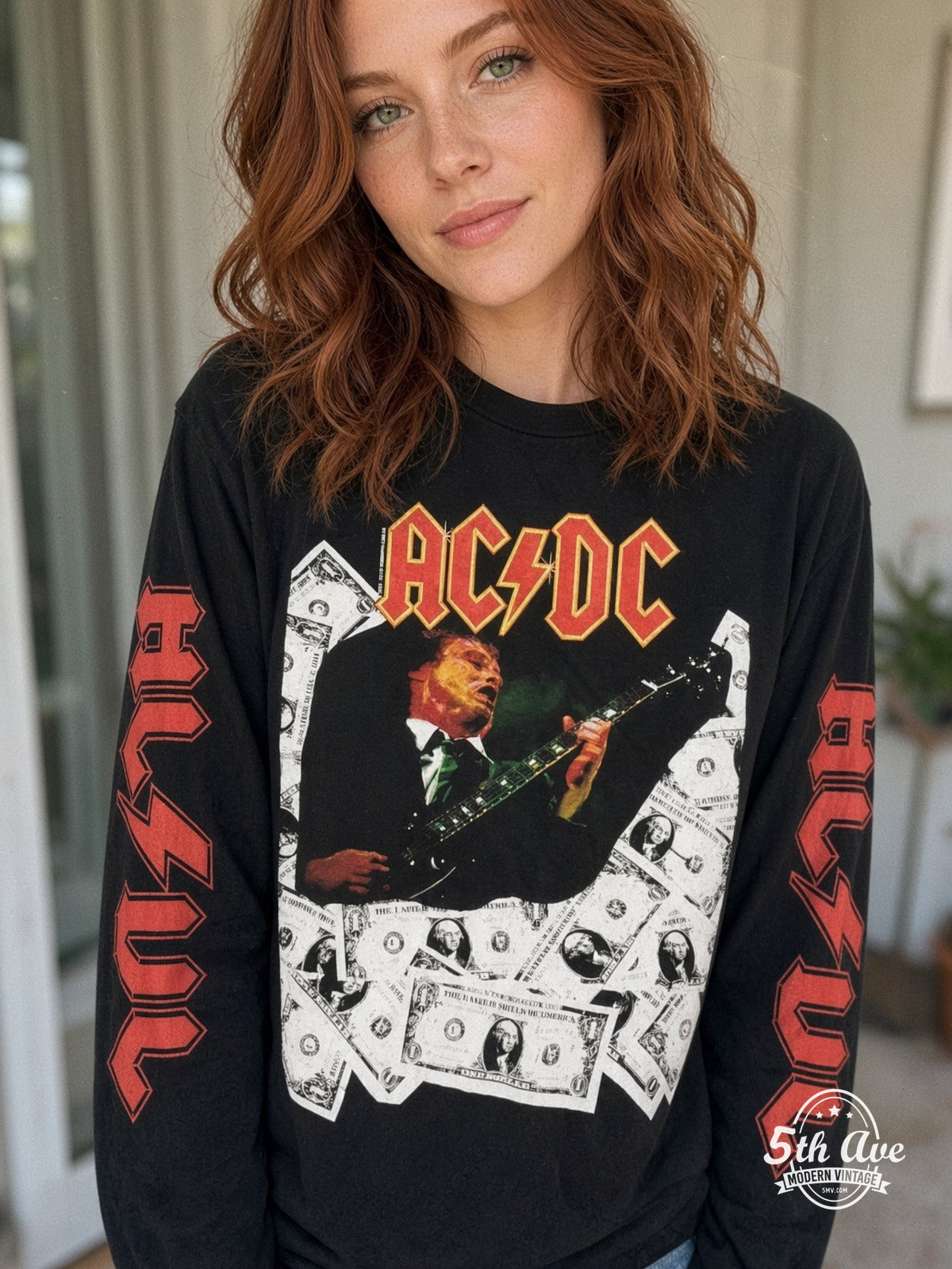 ETS LS 30 AC/DC Angus Money long sleeve vintage tee worn by a model