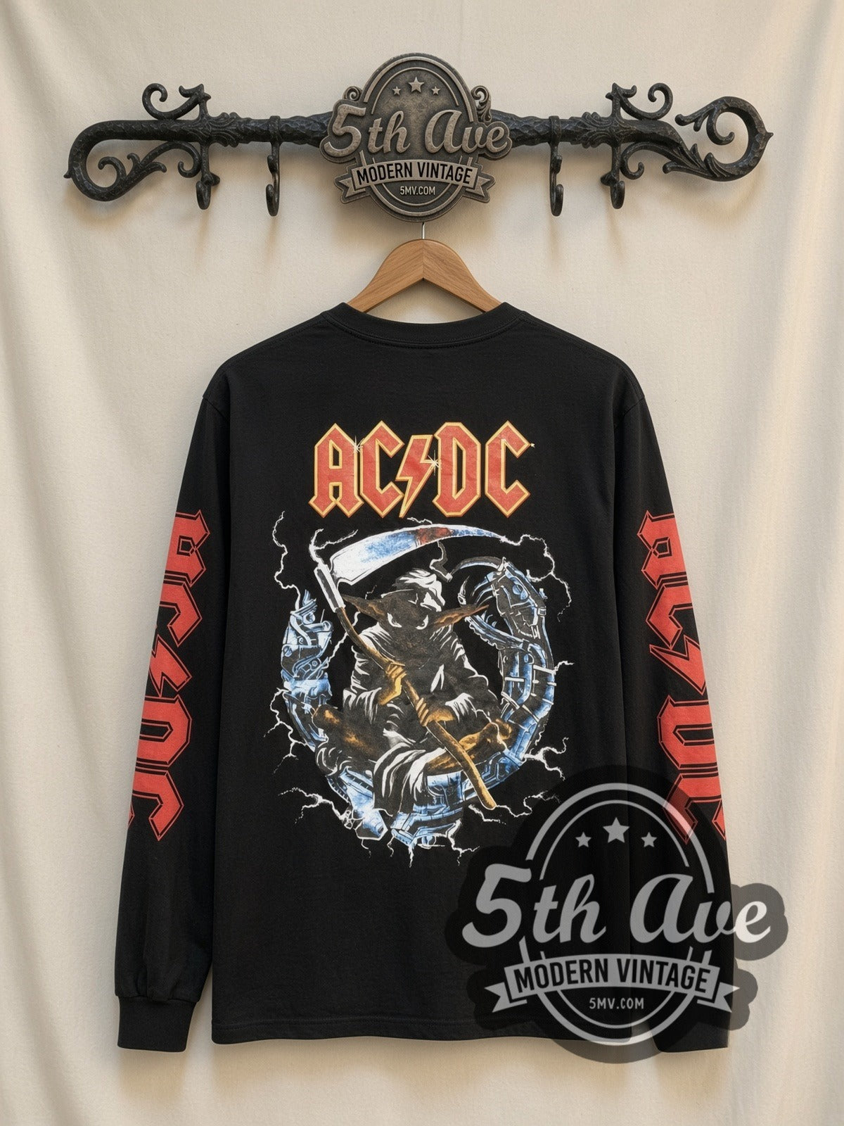 AC/DC Angus Money vintage band long sleeve t-shirt, back view on a display rack