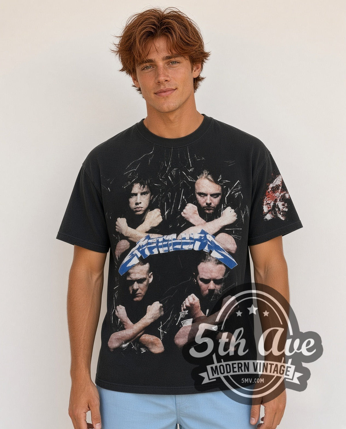Model wearing the Metallica Band Portraits Skulls all-over-print vintage band t-shirt in black
