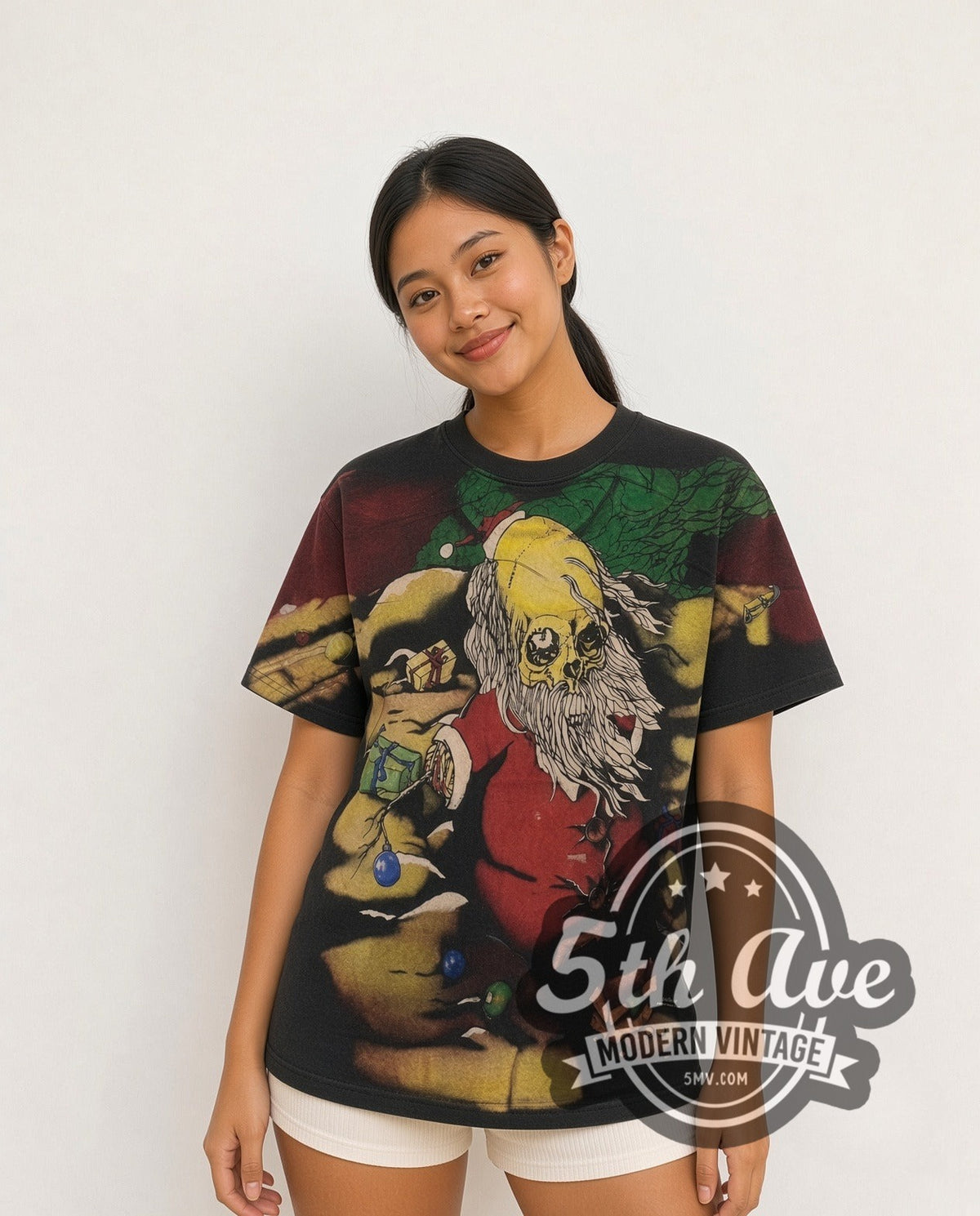 Model wearing the Grateful Dead Psychedelic Santa all-over-print vintage band t-shirt in black