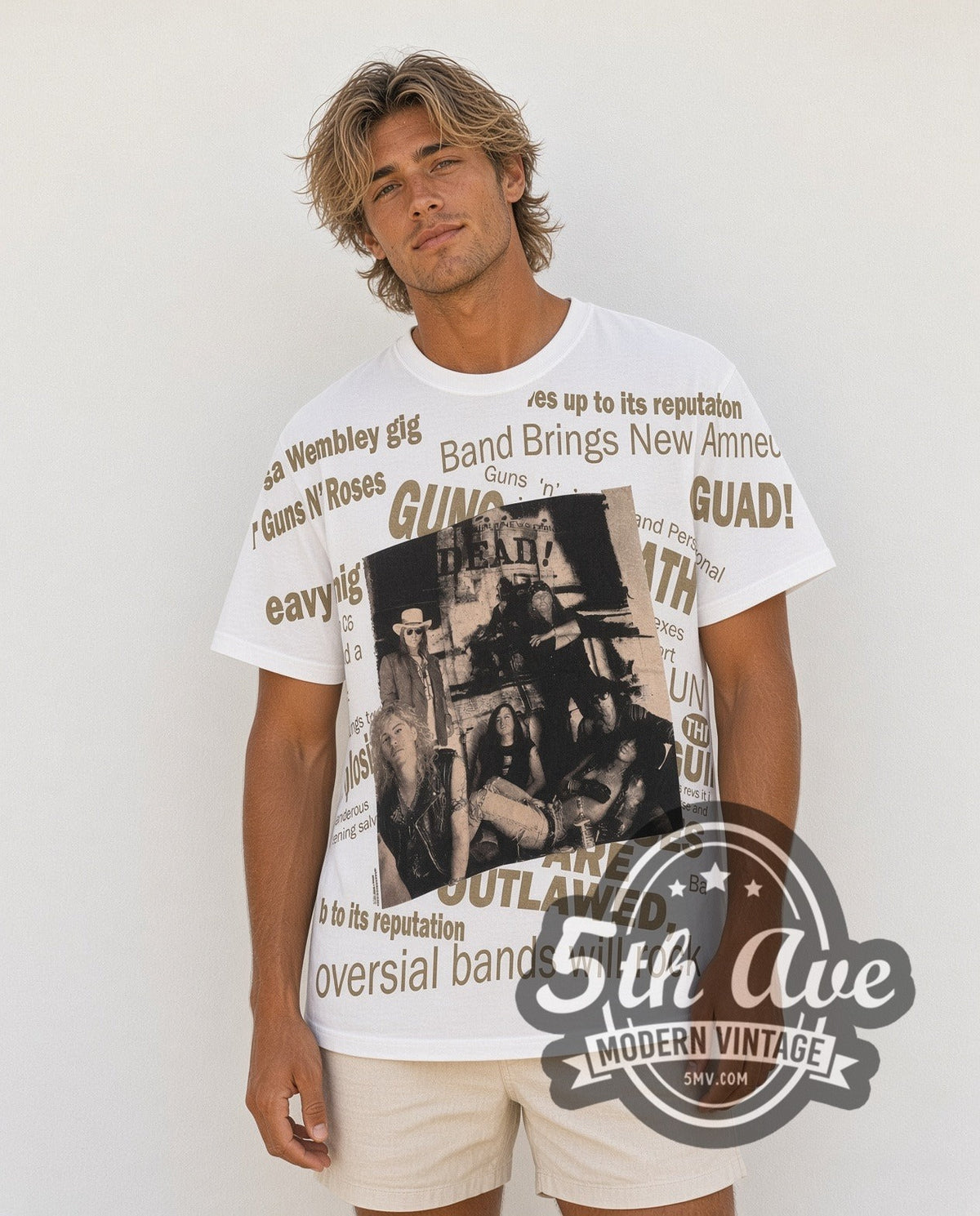 Model wearing the Guns N' Roses Newspaper Outlawed all-over-print vintage band t-shirt in white
