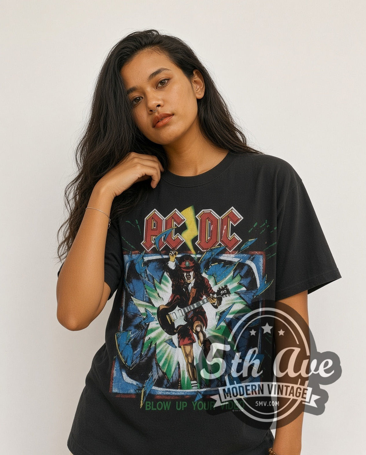 Model wearing the AC/DC Blow Up Your Video vintage band t-shirt in black