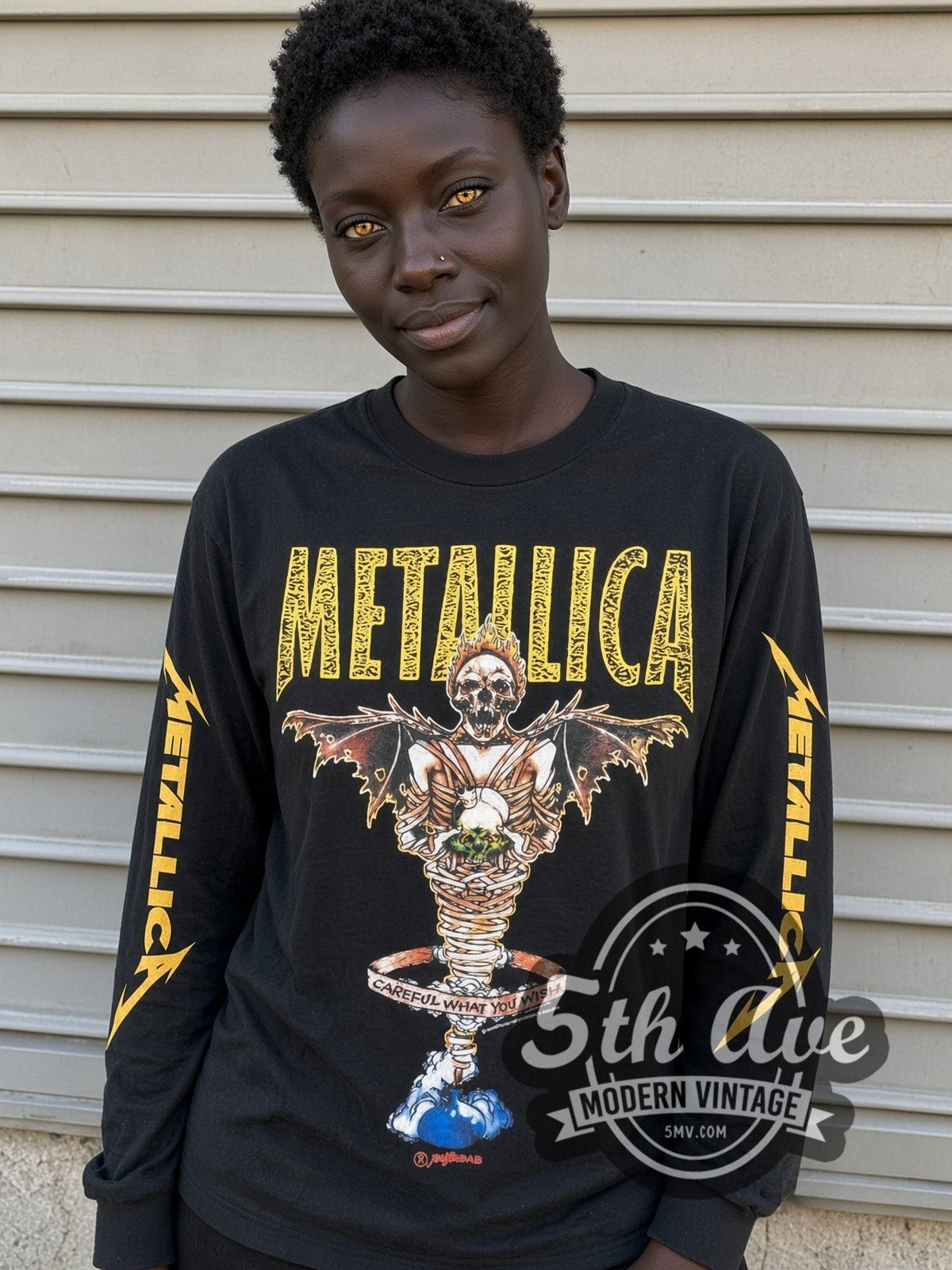 Model wearing the Metallica Careful What You Wish vintage band long sleeve t-shirt