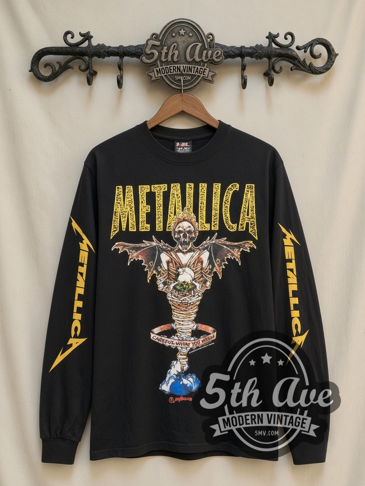 Metallica Careful What You Wish vintage band long sleeve t-shirt, front view on a display rack
