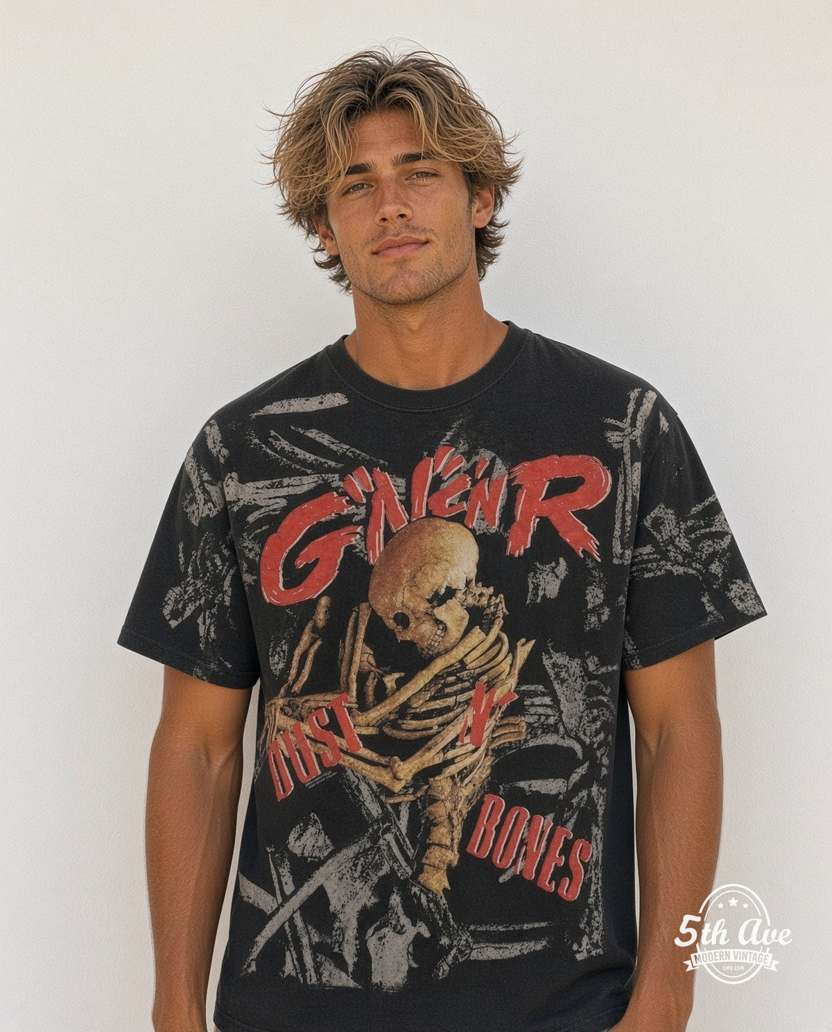 Model wearing Guns N' Roses Dust N' Bones all over print vintage band tee