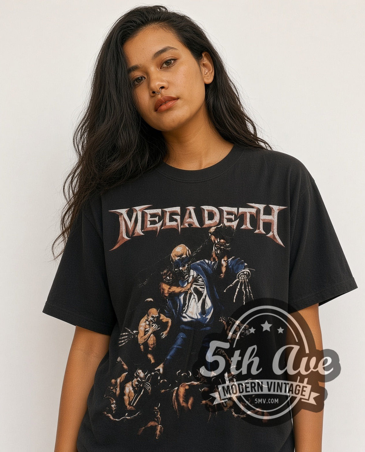 Model wearing the Megadeth Skeleton Apocalypse all-over-print vintage band t-shirt in black