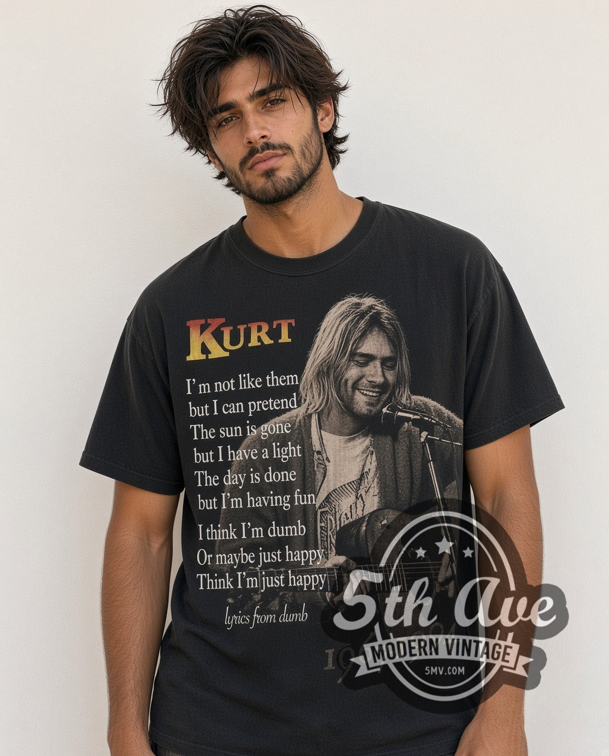 Model wearing the Kurt Cobain Nirvana Live At Last all-over-print vintage band tee in black