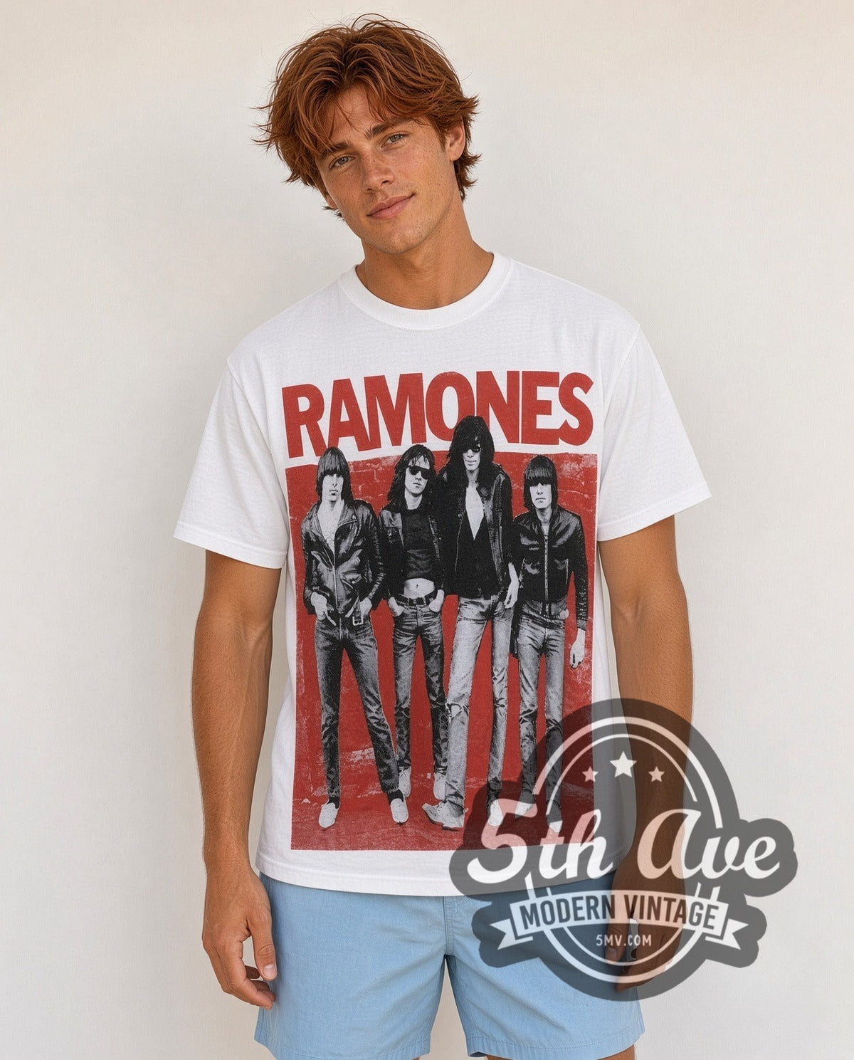 Model wearing the Ramones Band Photo Red Logo all-over-print vintage band t-shirt in white