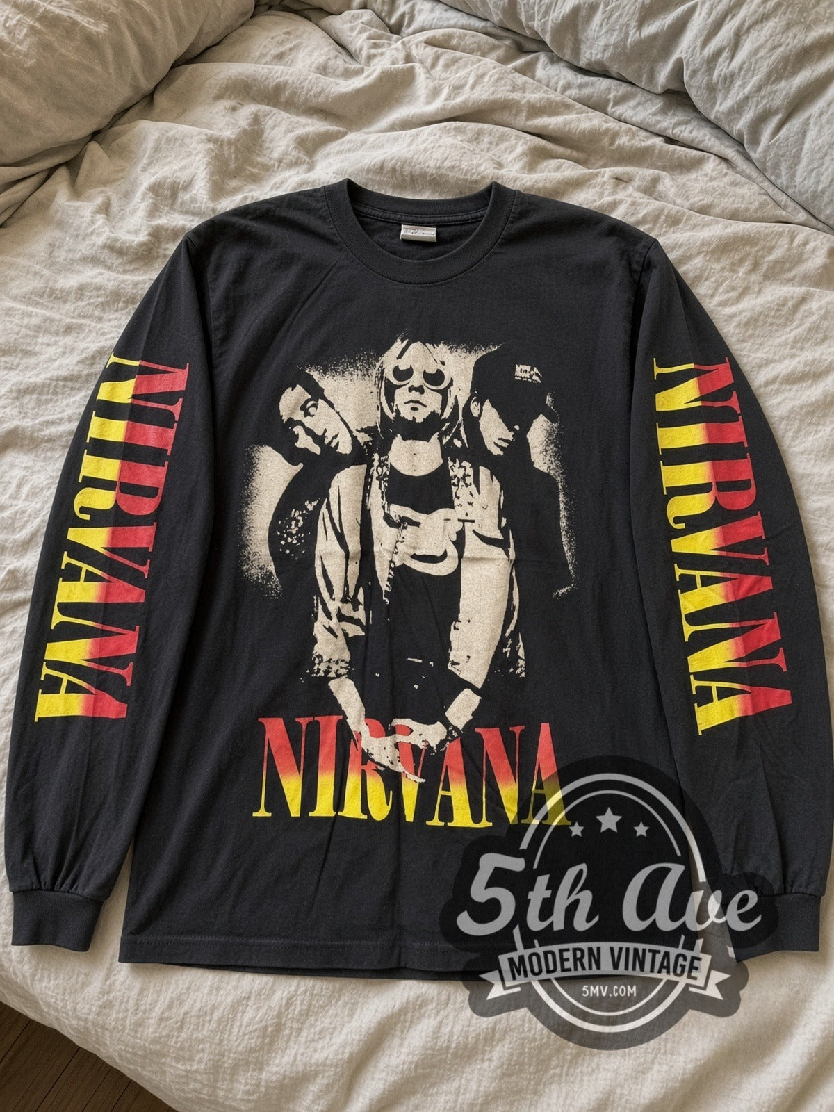 Nirvana Trio Photo vintage band long sleeve tee laid flat
