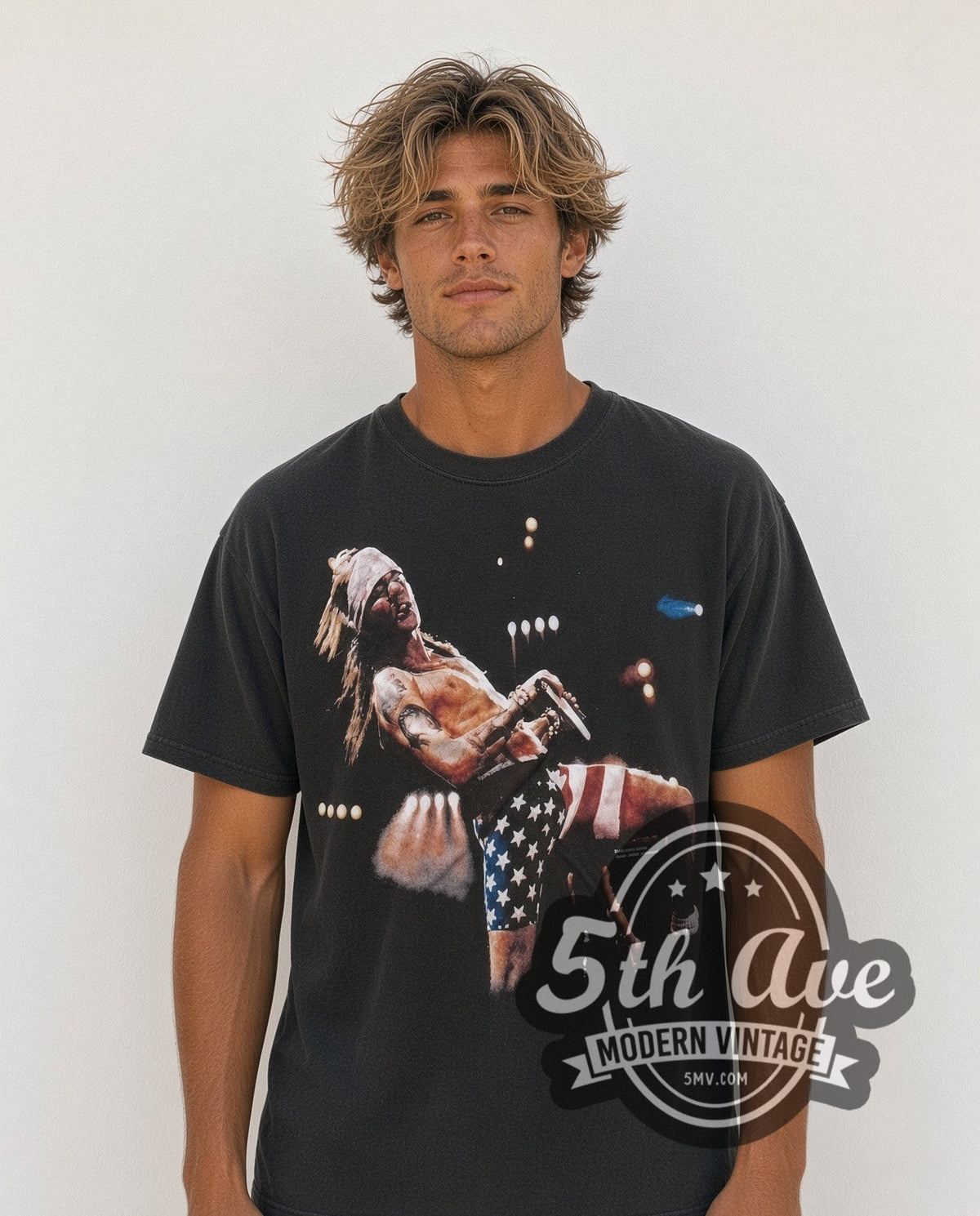 Model wearing the Guns N Roses Axl Flag vintage band t-shirt
