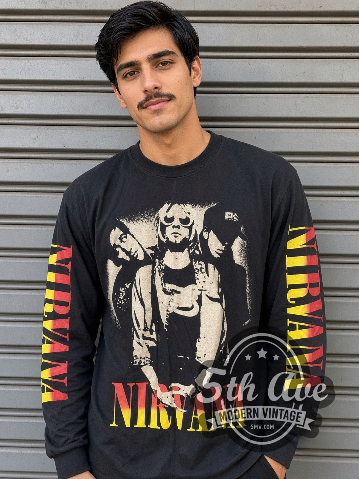 Model wearing the Nirvana Trio Photo vintage band long sleeve t-shirt