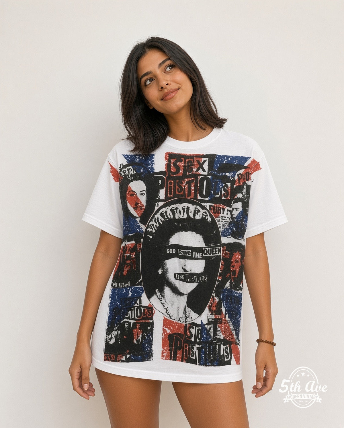 Model wearing the Sex Pistols God Save the Queen all-over-print vintage band t-shirt in white