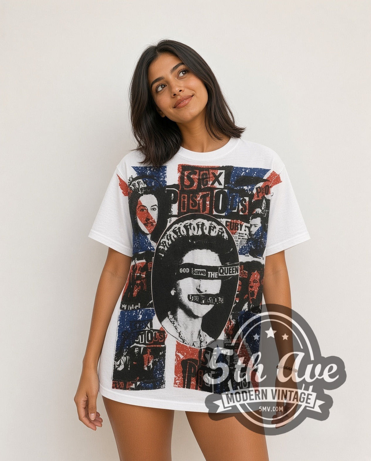 Model wearing the Sex Pistols God Save the Queen all-over-print vintage band t-shirt in white