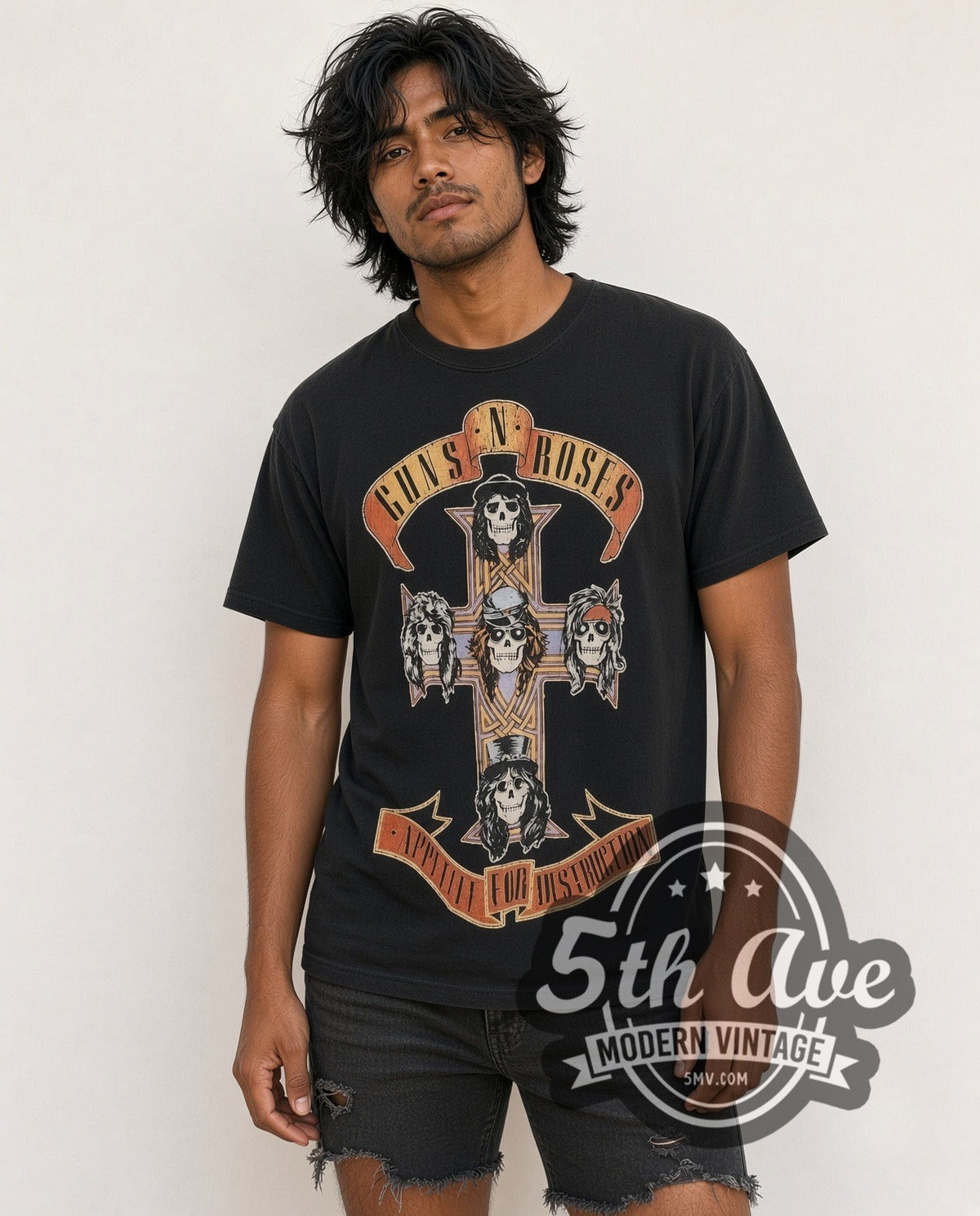 Model wearing the Guns N' Roses Appetite Cross Skull all-over-print vintage band t-shirt in black