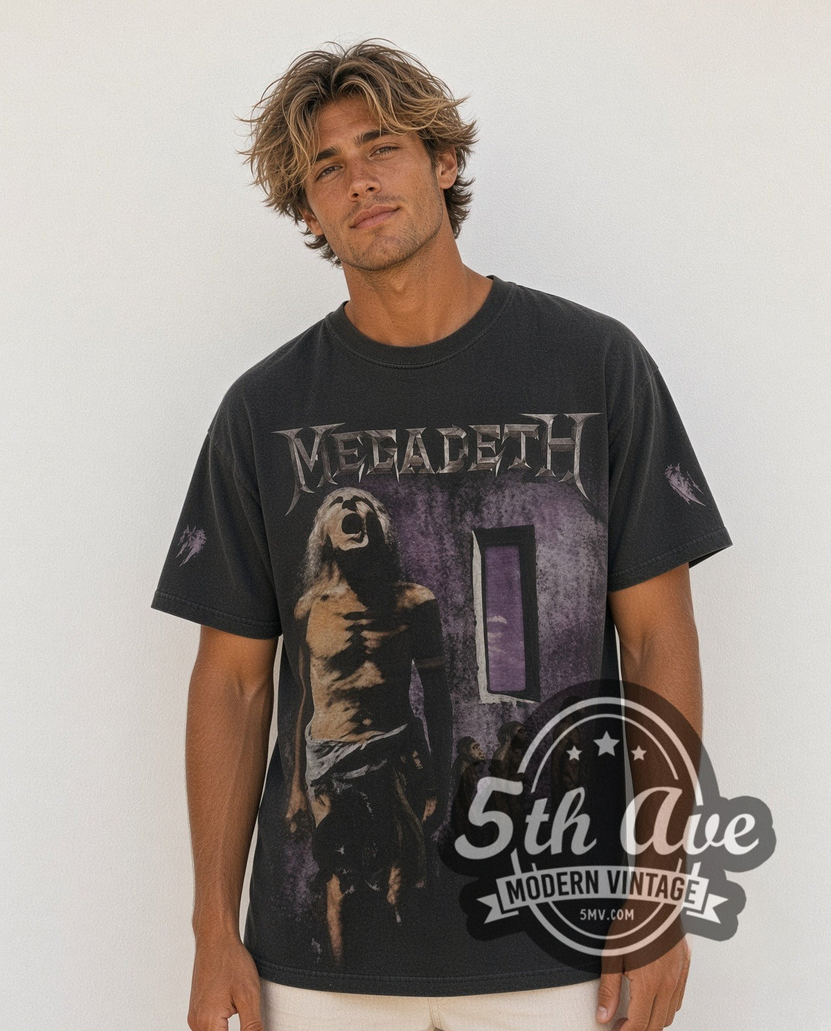 Model wearing the Megadeth Youthanasia all-over-print vintage band t-shirt in black