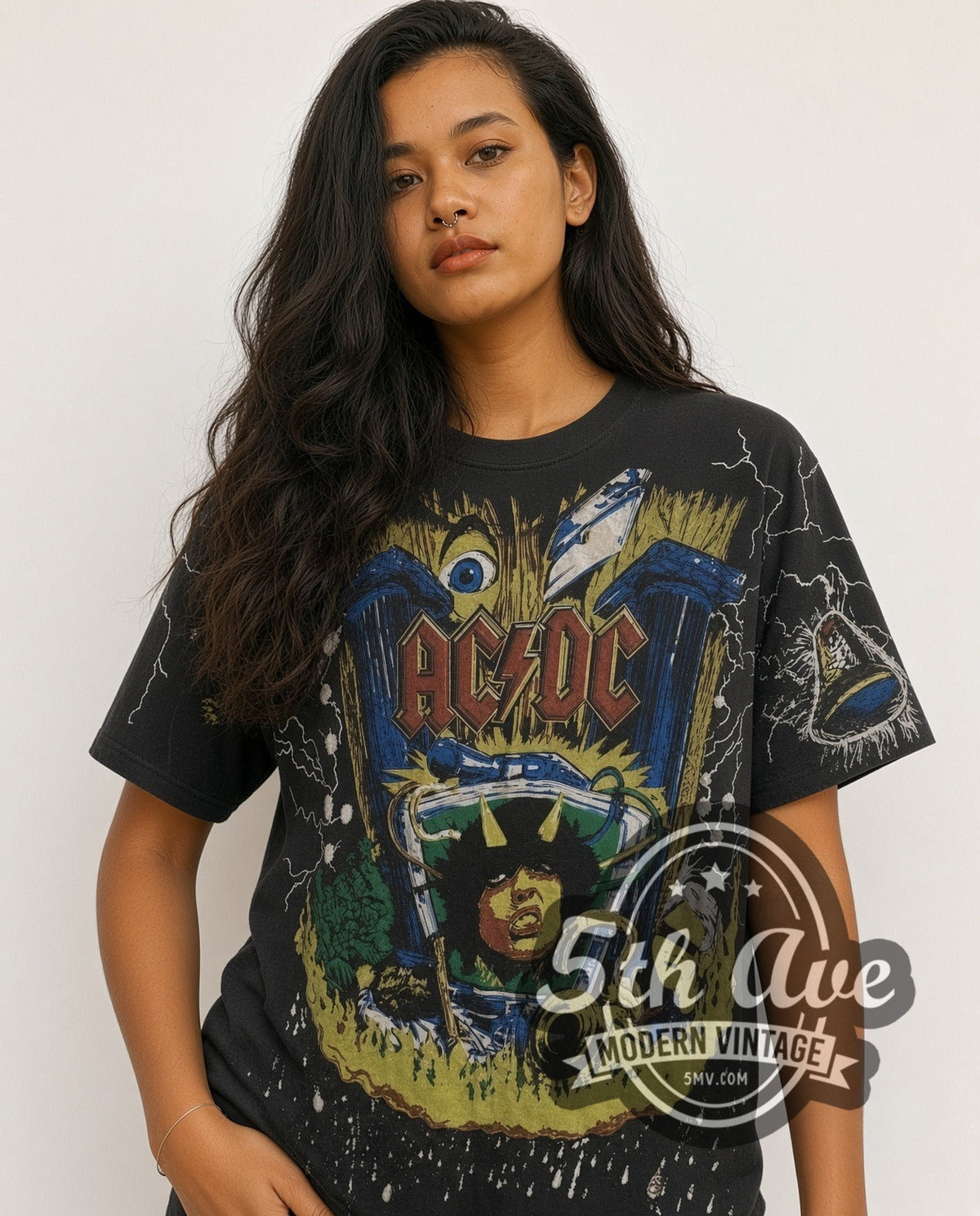 Model wearing the AC/DC Angus V Graphic all-over-print vintage band t-shirt in black