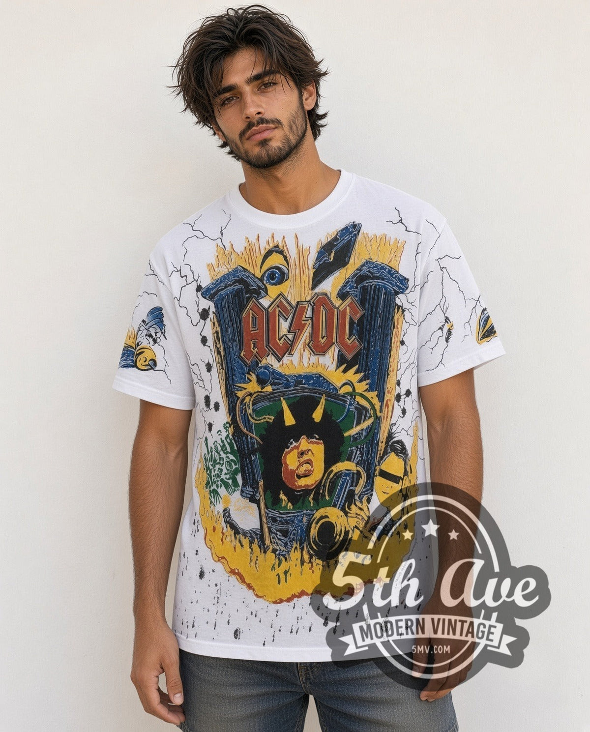 Model wearing the AC/DC Angus V Graphic all-over-print vintage band t-shirt in white