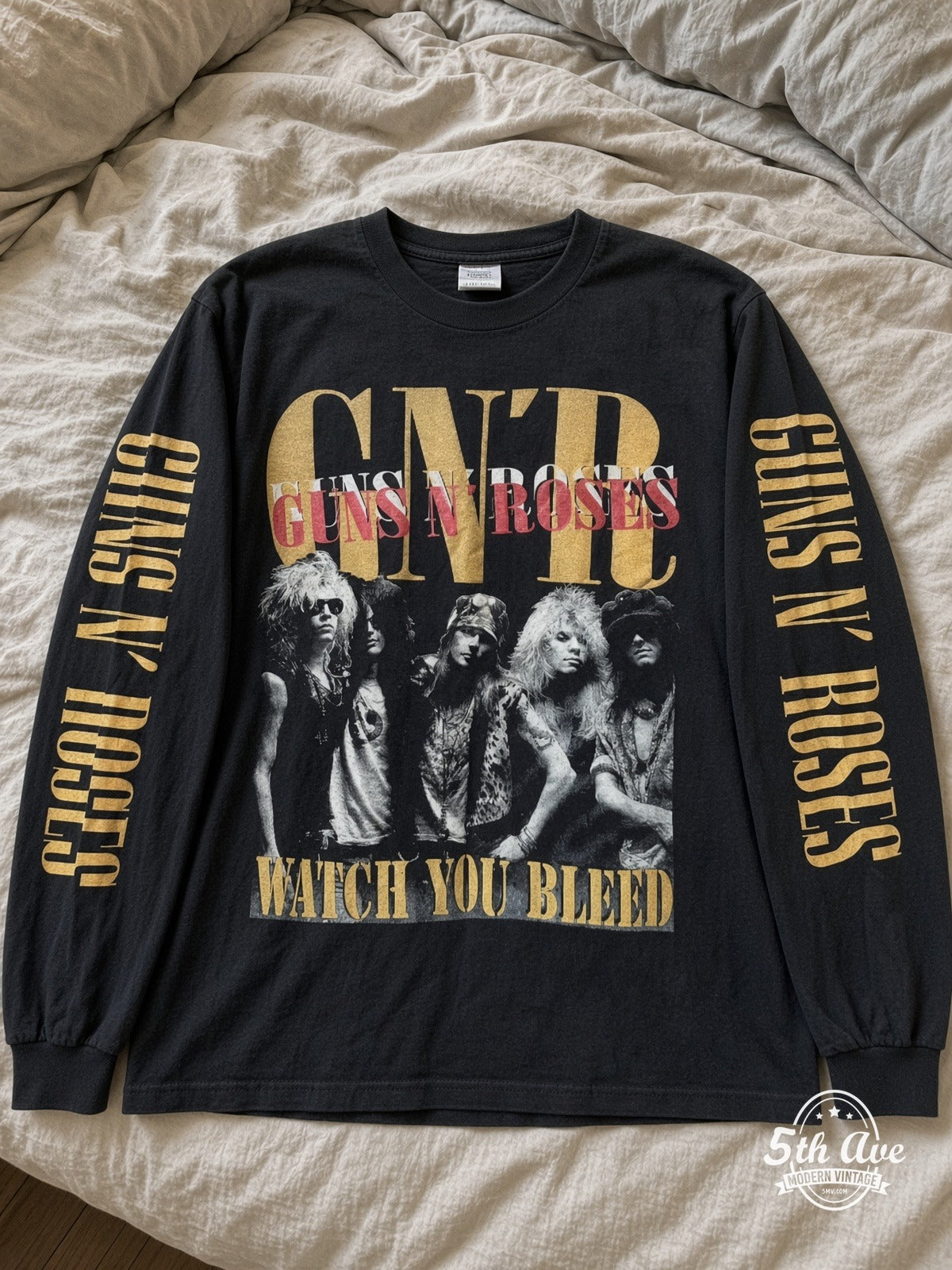 ETS LS 33 Guns N' Roses Watch You Bleed long sleeve vintage tee laid on a bed