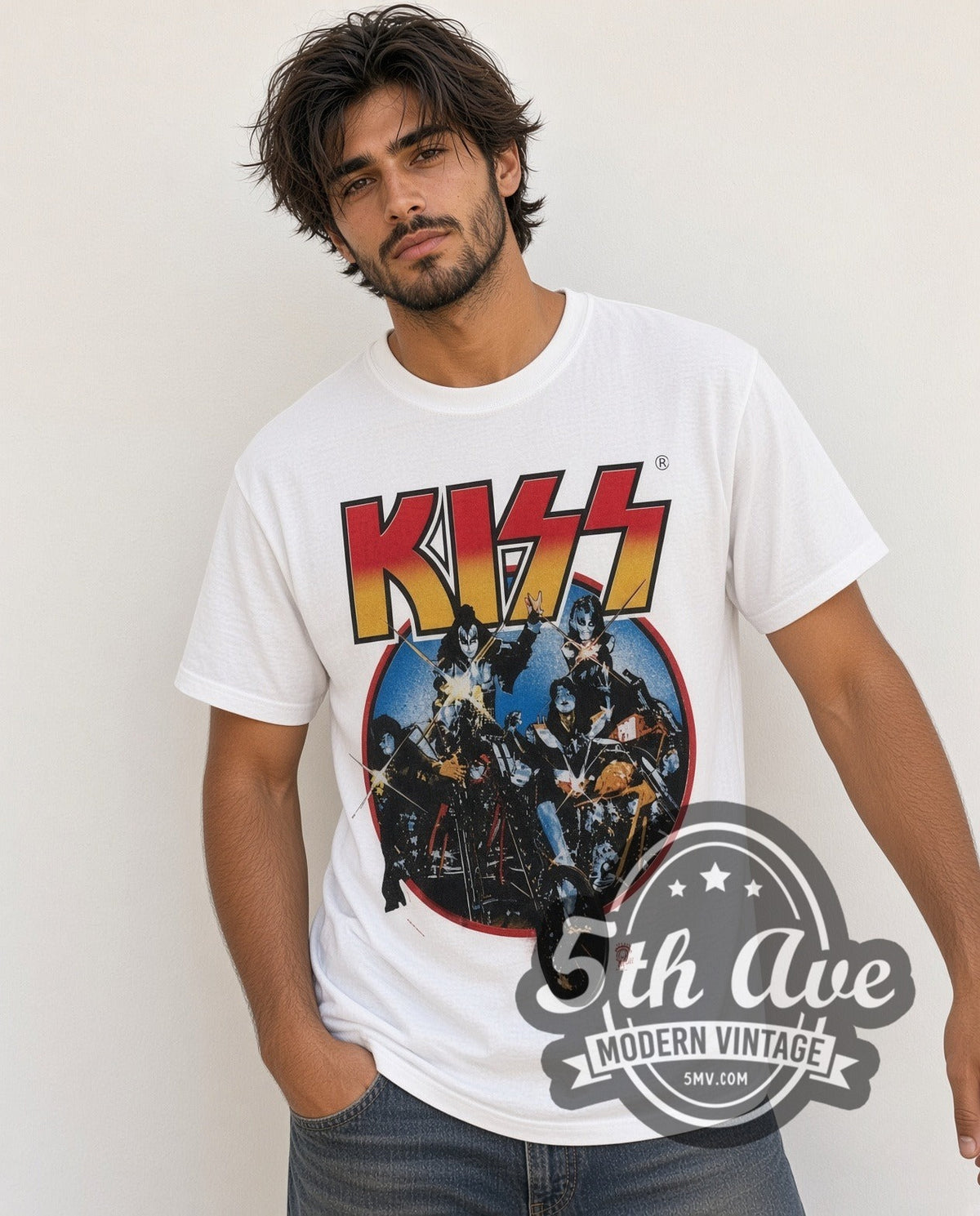 Model wearing the KISS Motorcycles vintage band t-shirt in white