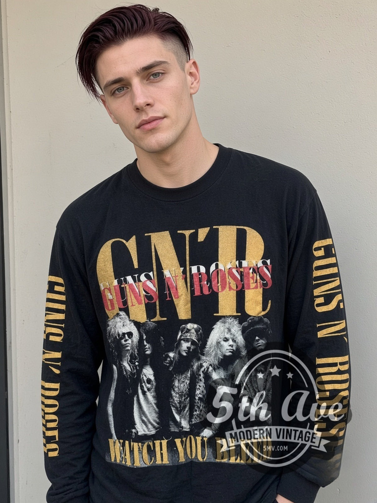Model wearing the Guns N' Roses Watch You Bleed vintage band long sleeve t-shirt