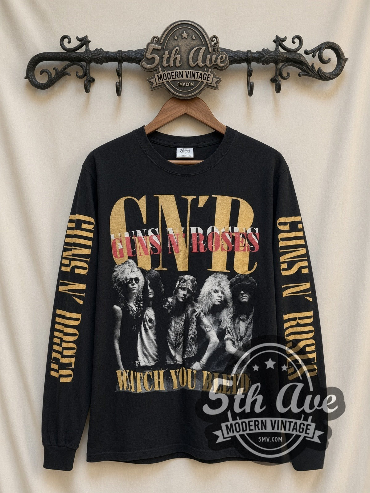 Guns N' Roses Watch You Bleed vintage band long sleeve t-shirt, front view on a display rack