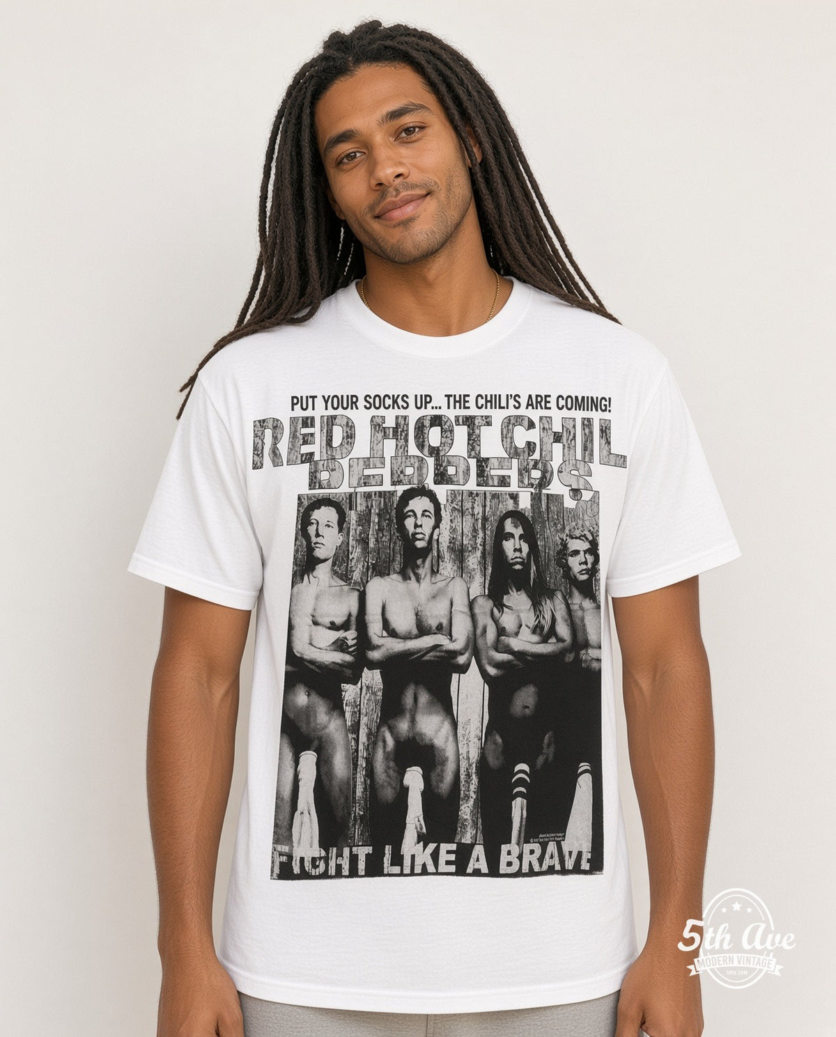 Model wearing RHCP Fight Like A Brave Socks Graphic vintage band tee