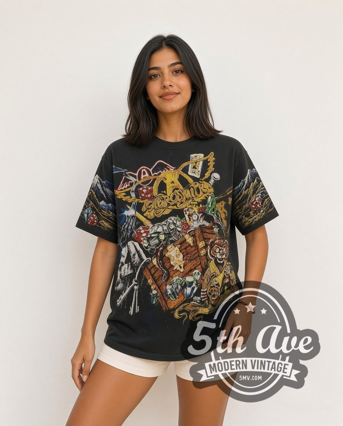 Model wearing Aerosmith Treasure Chest all over print vintage band tee