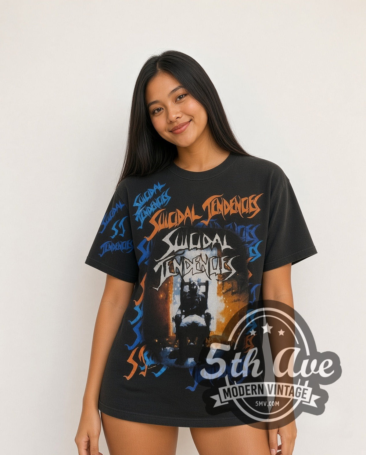 Model wearing the Suicidal Tendencies Logos Skeleton V2 all-over-print vintage band t-shirt