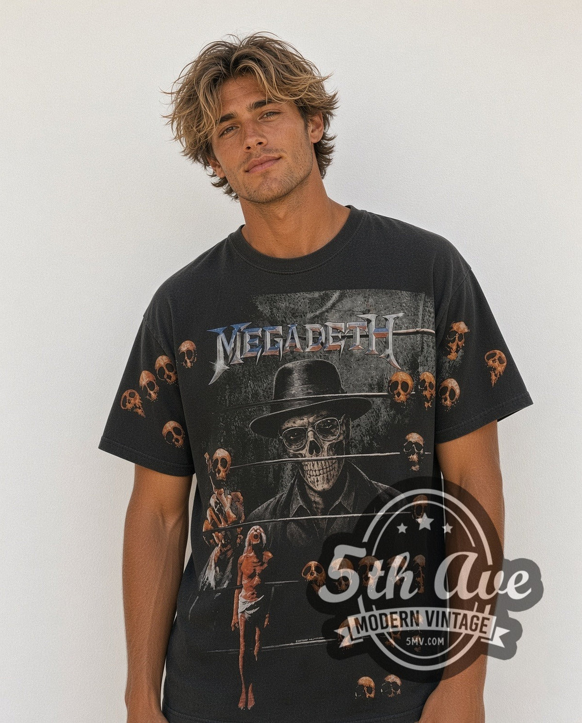 Model wearing the Megadeth Vic Prison Bars Skulls all-over-print vintage band t-shirt in black