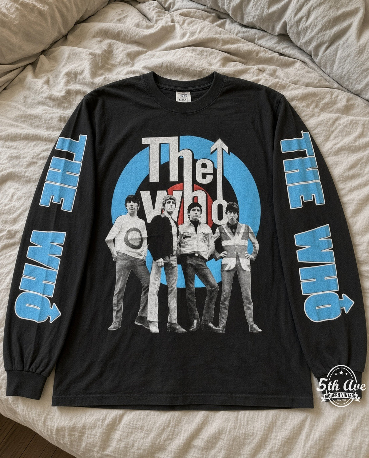 ETS LS 34 The Who Target Logo long sleeve vintage tee laid on a bed