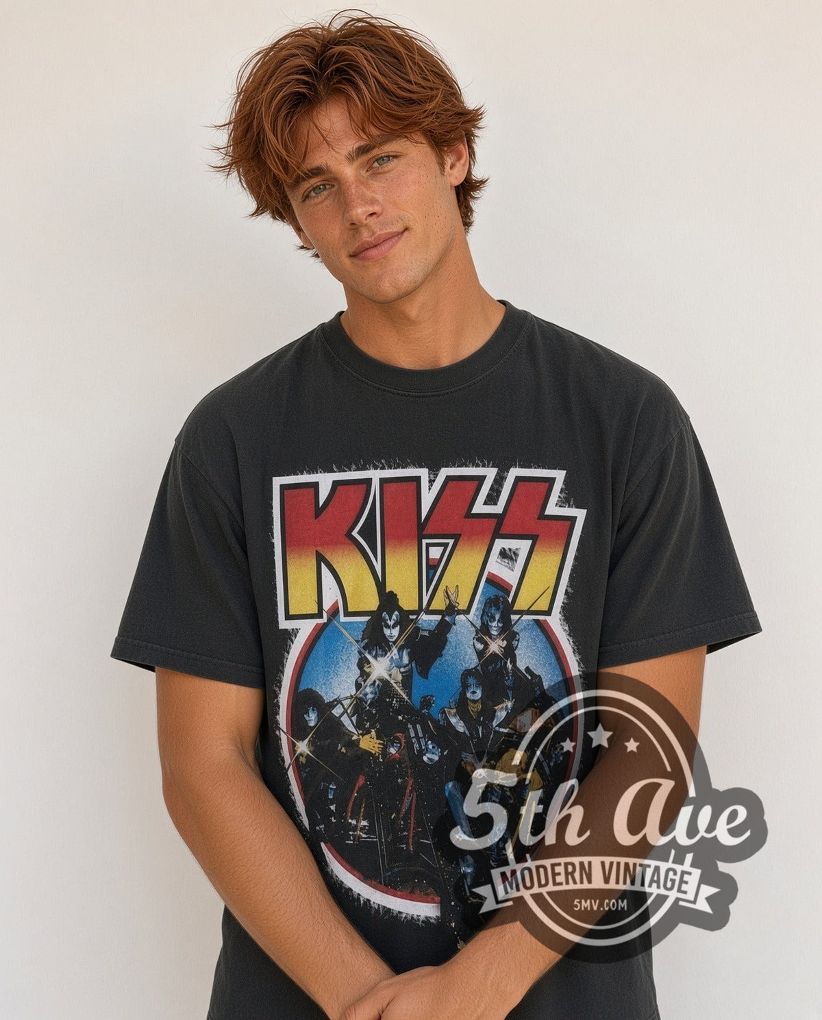 Model wearing the KISS Motorcycles vintage band t-shirt in black