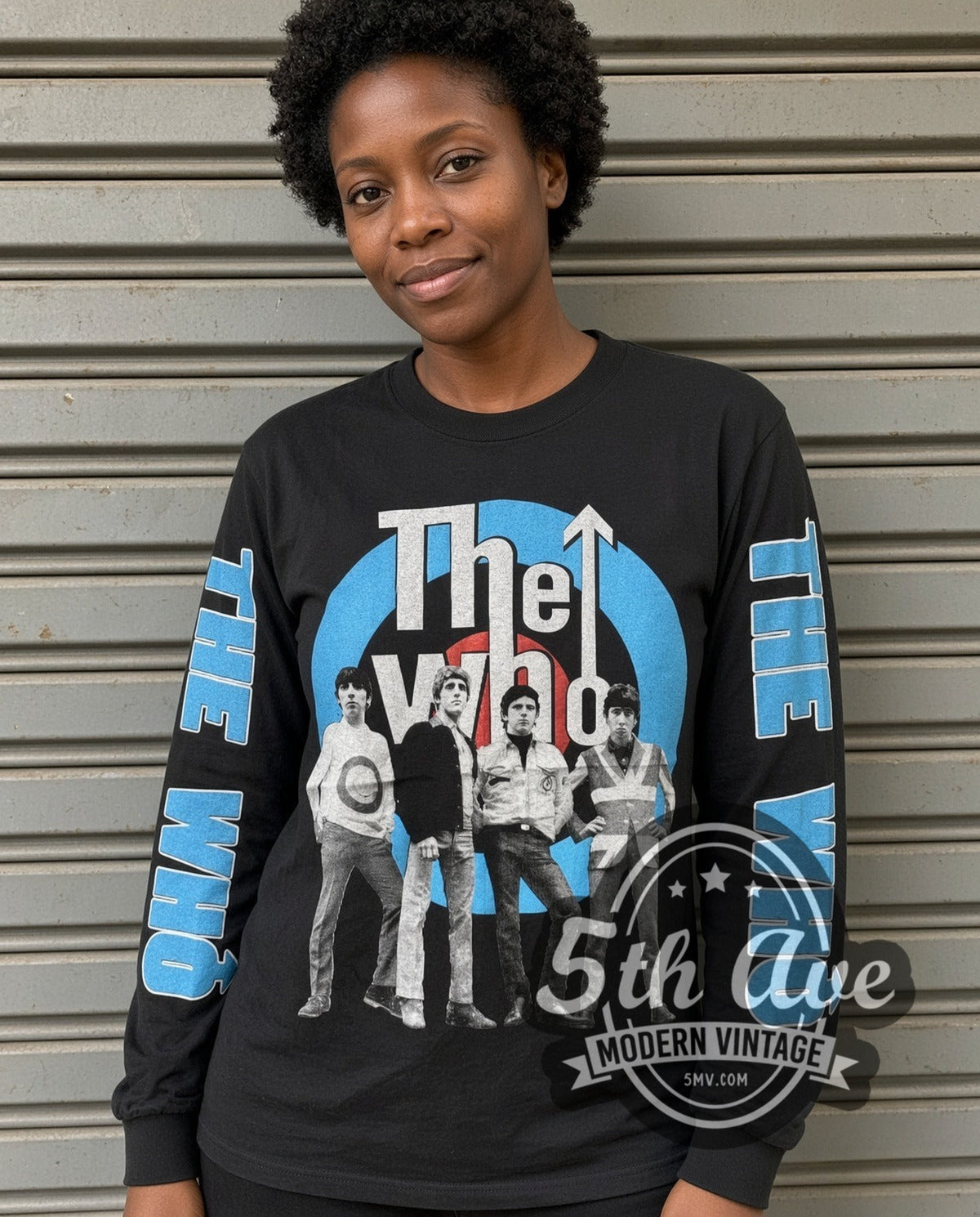 Model wearing The Who Target Logo vintage band long sleeve t-shirt